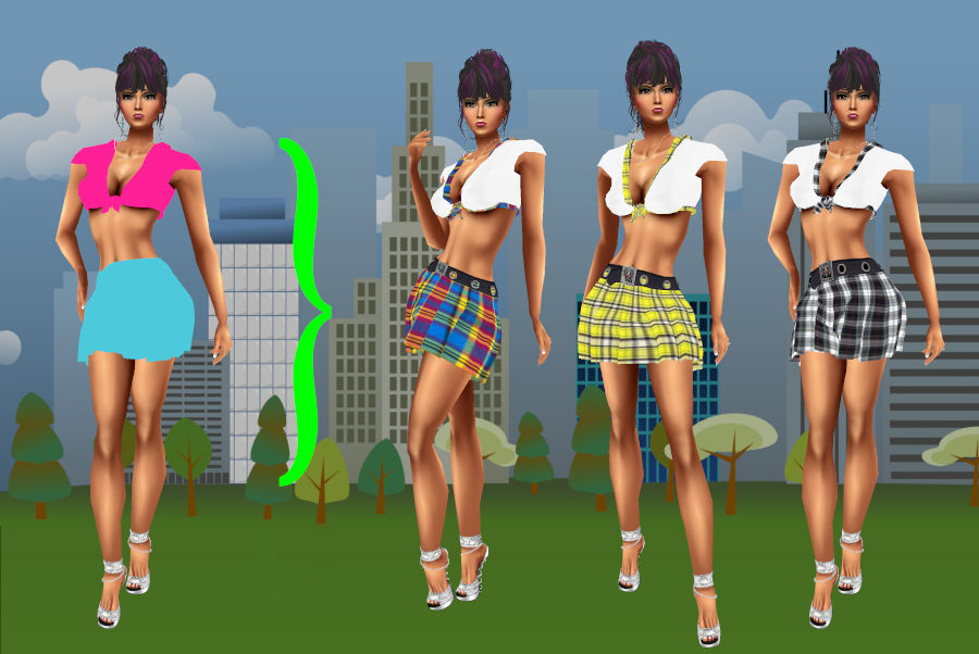 Four avatars in mini skirts and crop tops